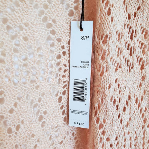 Tahari Long Cardigan SP Shimmer Blush Pink Open Crochet Knit Sweater Chic NWT - Picture 6 of 7